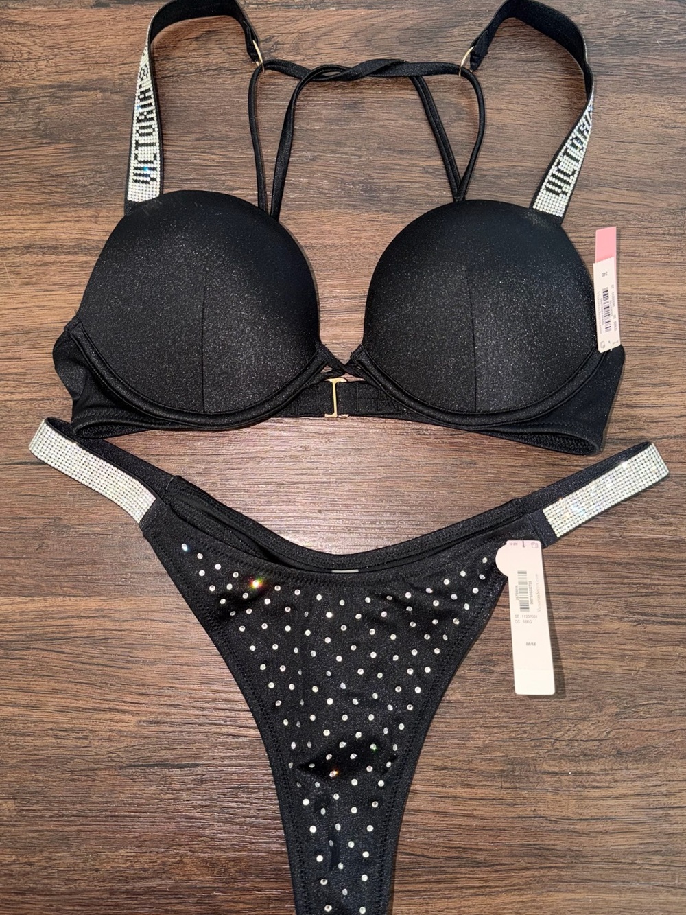 Set Victoria's Secret swim Black Push-Up Bra with Crystal Logo Straps
